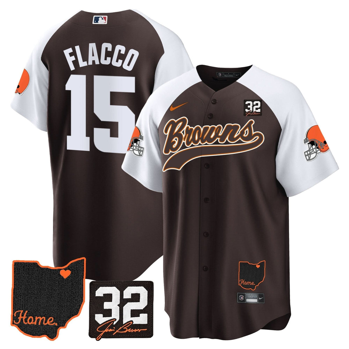 CLE #32 Jim Brown Memorial & Home Patch Baseball Jersey V2