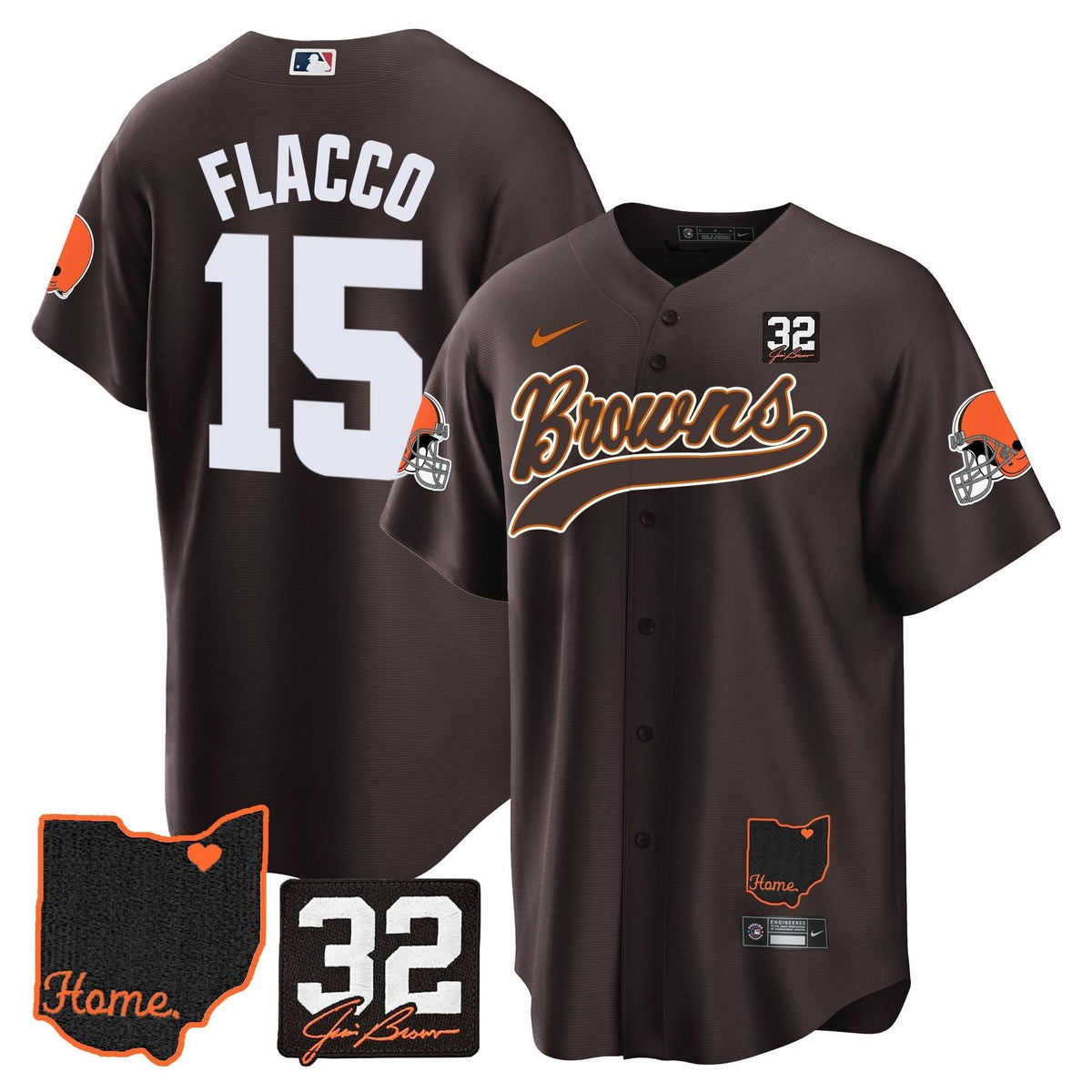 CLE #32 Jim Brown Memorial & Home Patch Baseball Jersey V2