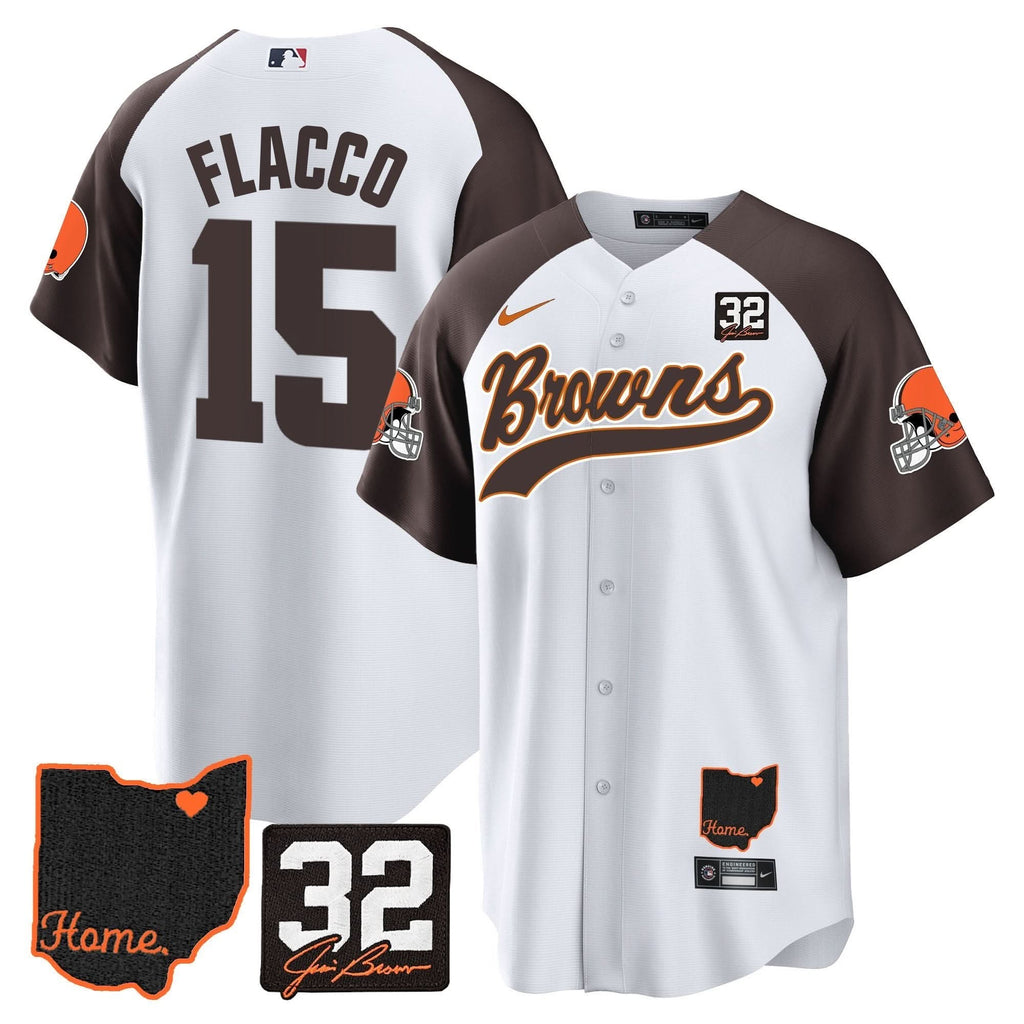 CLE #32 Jim Brown Memorial & Home Patch Baseball Jersey V2