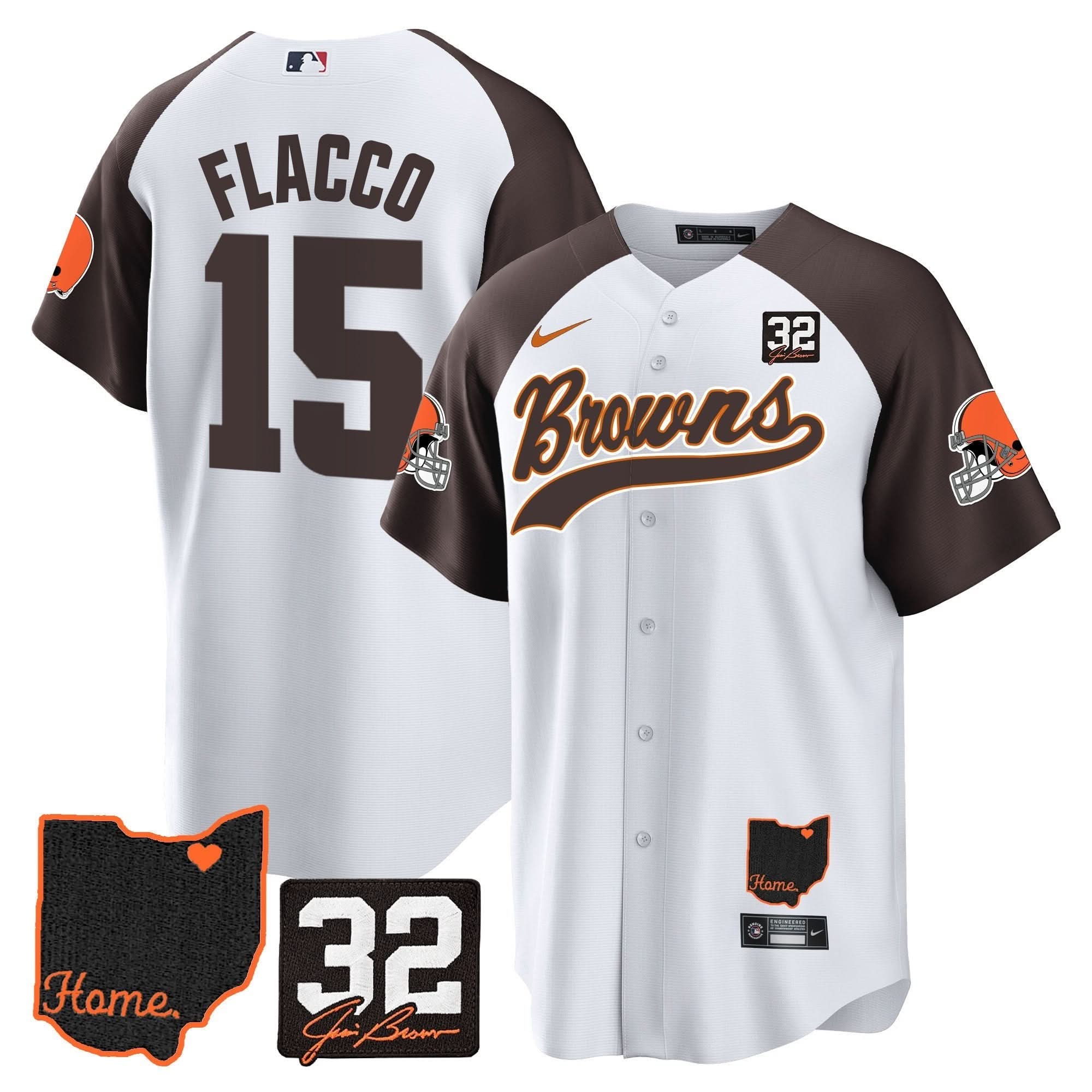 CLE #32 Jim Brown Memorial & Home Patch Baseball Jersey V2