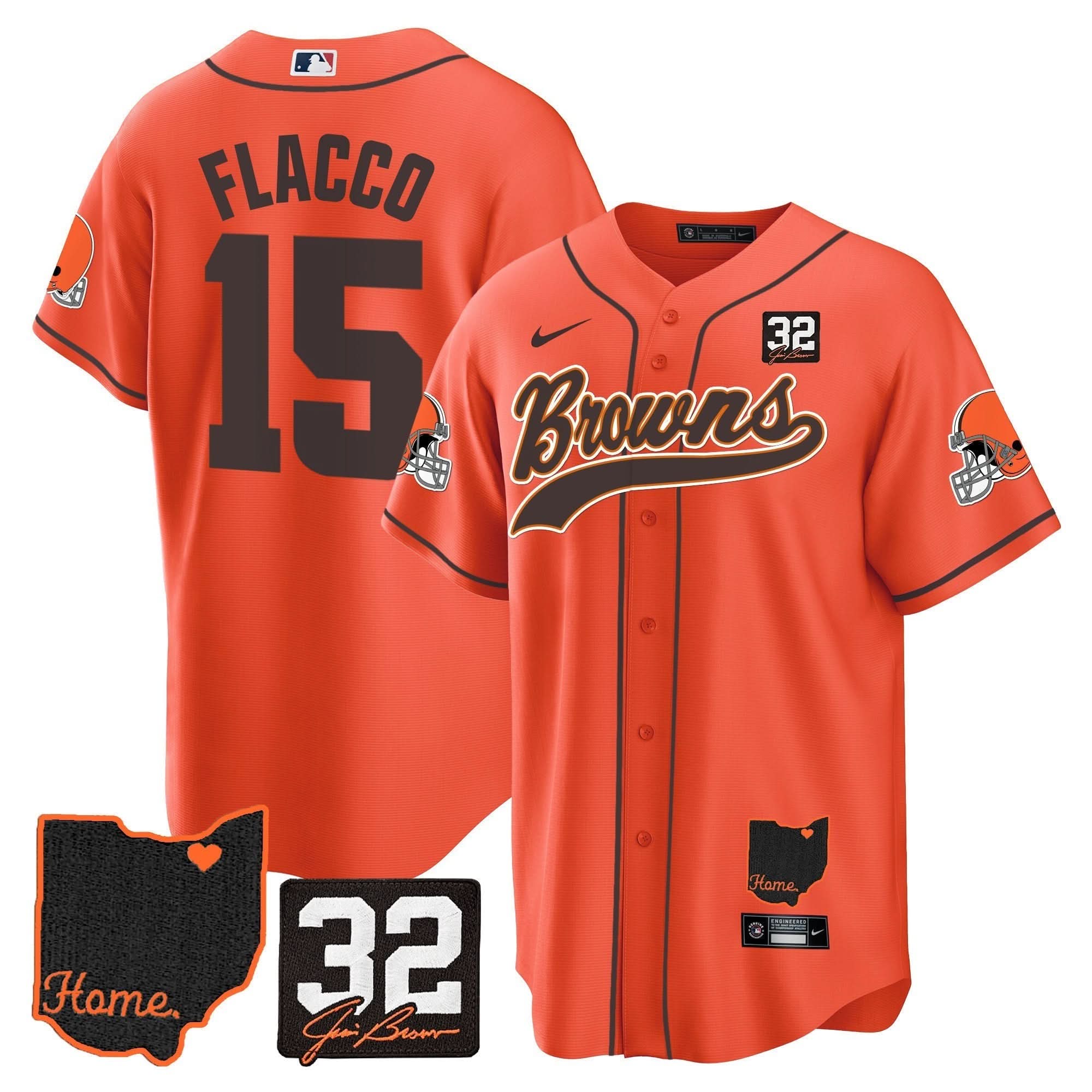CLE #32 Jim Brown Memorial & Home Patch Baseball Jersey V2