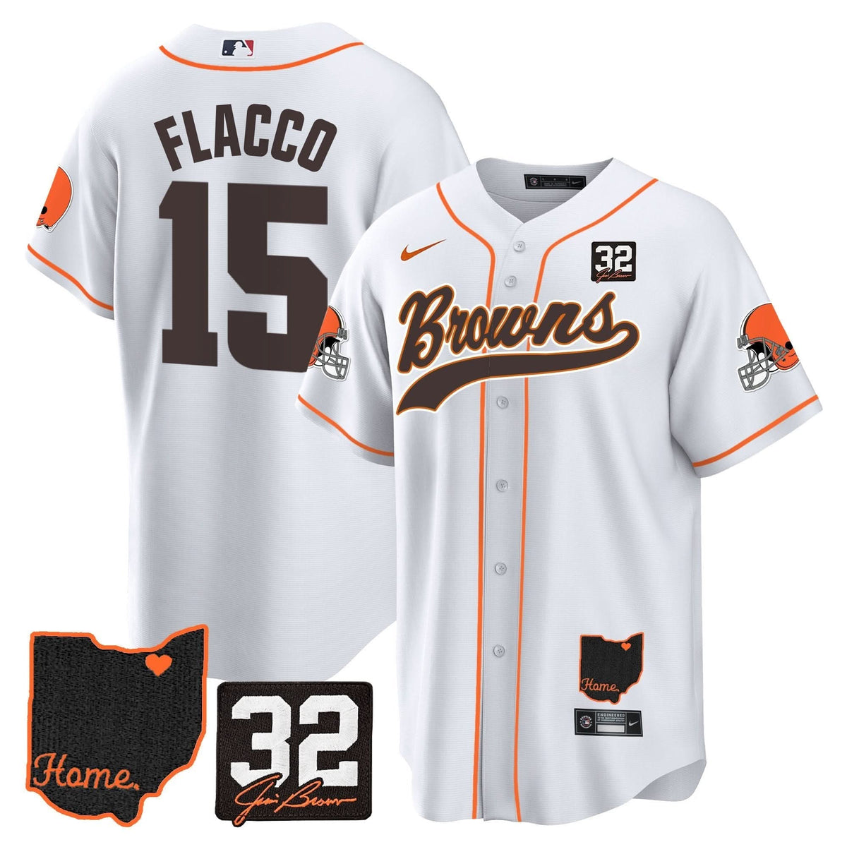 CLE #32 Jim Brown Memorial & Home Patch Baseball Jersey V2