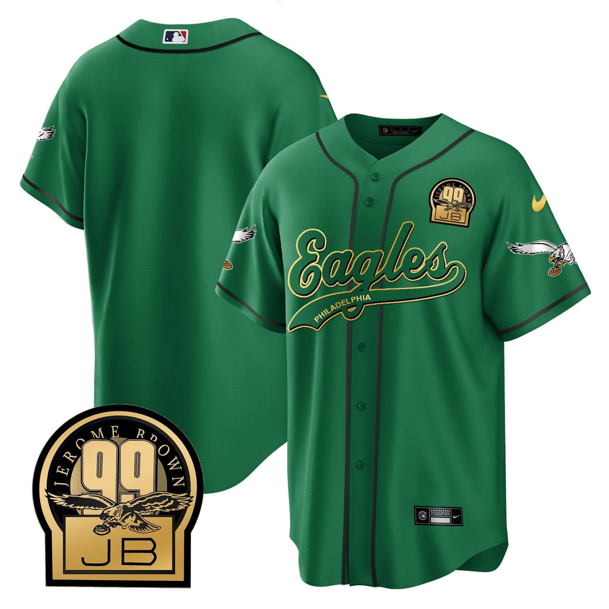 PHI Jerome Brown Retired Patch Kelly Green Baseball Jersey - All Stitched