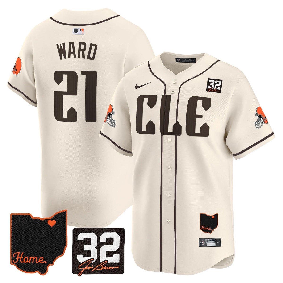 CLE #32 Jim Brown Memorial & Home Patch Vapor Premier Limited Baseball Jersey - All Stitched