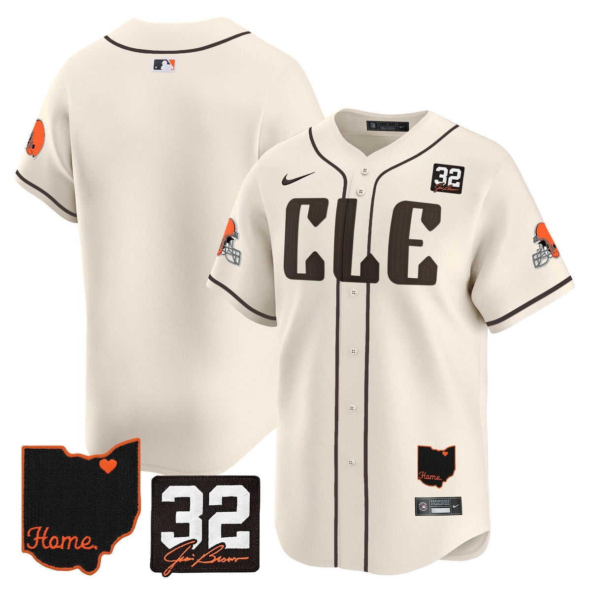 CLE #32 Jim Brown Memorial & Home Patch Vapor Premier Limited Baseball Jersey - All Stitched