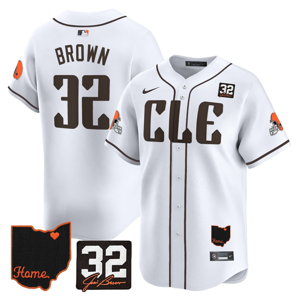 CLE #32 Jim Brown Memorial & Home Patch Vapor Premier Limited Baseball Jersey - All Stitched