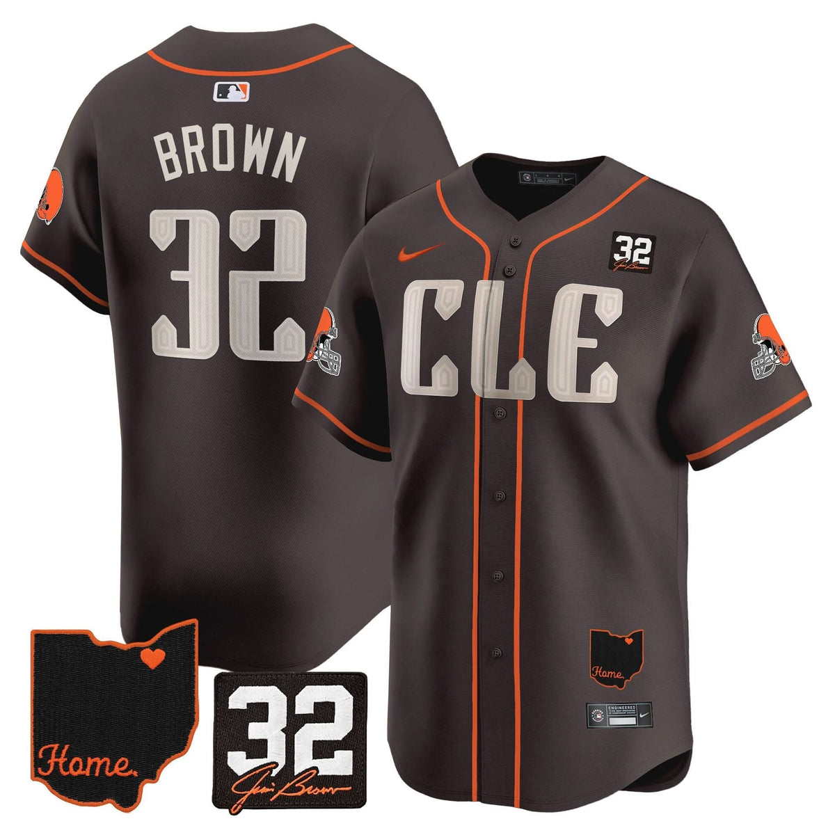CLE #32 Jim Brown Memorial & Home Patch Vapor Premier Limited Baseball Jersey - All Stitched