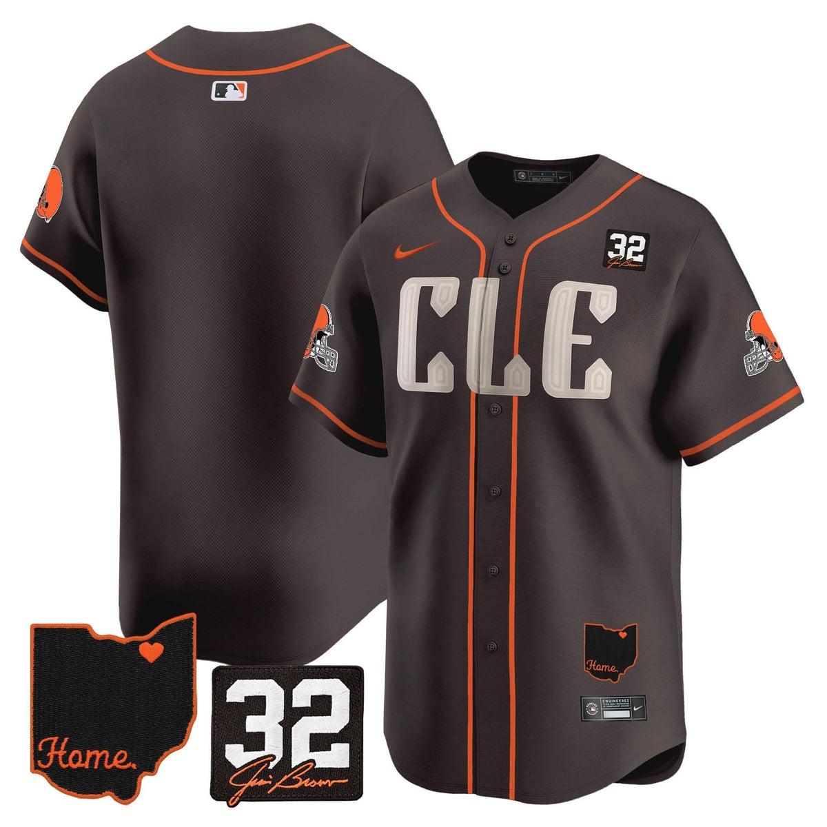 CLE #32 Jim Brown Memorial & Home Patch Vapor Premier Limited Baseball Jersey - All Stitched