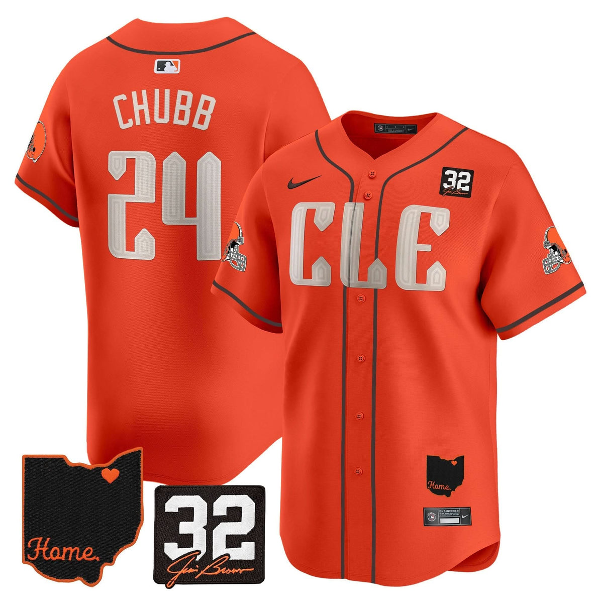 CLE #32 Jim Brown Memorial & Home Patch Vapor Premier Limited Baseball Jersey - All Stitched