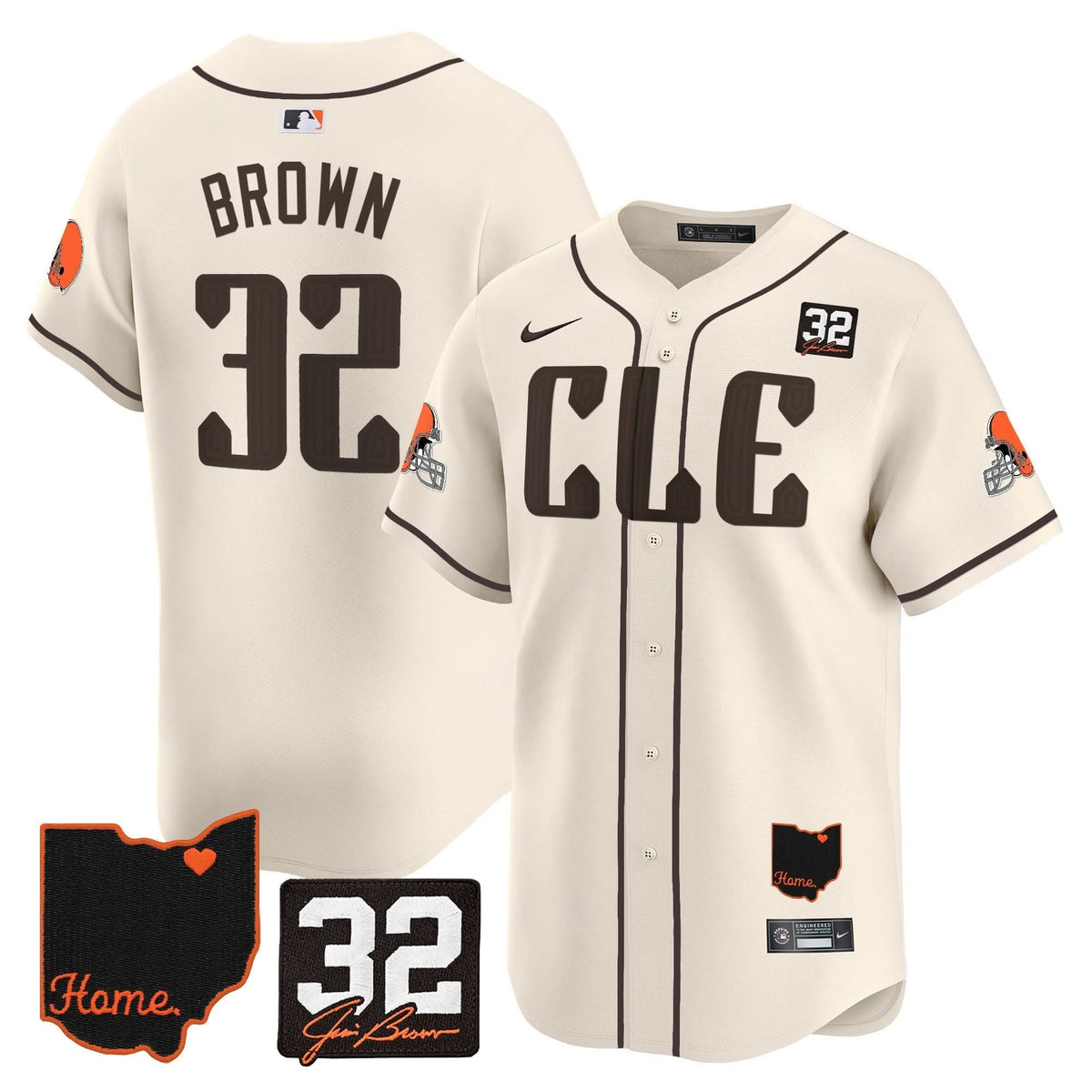 CLE #32 Jim Brown Memorial & Home Patch Vapor Premier Limited Baseball Jersey - All Stitched