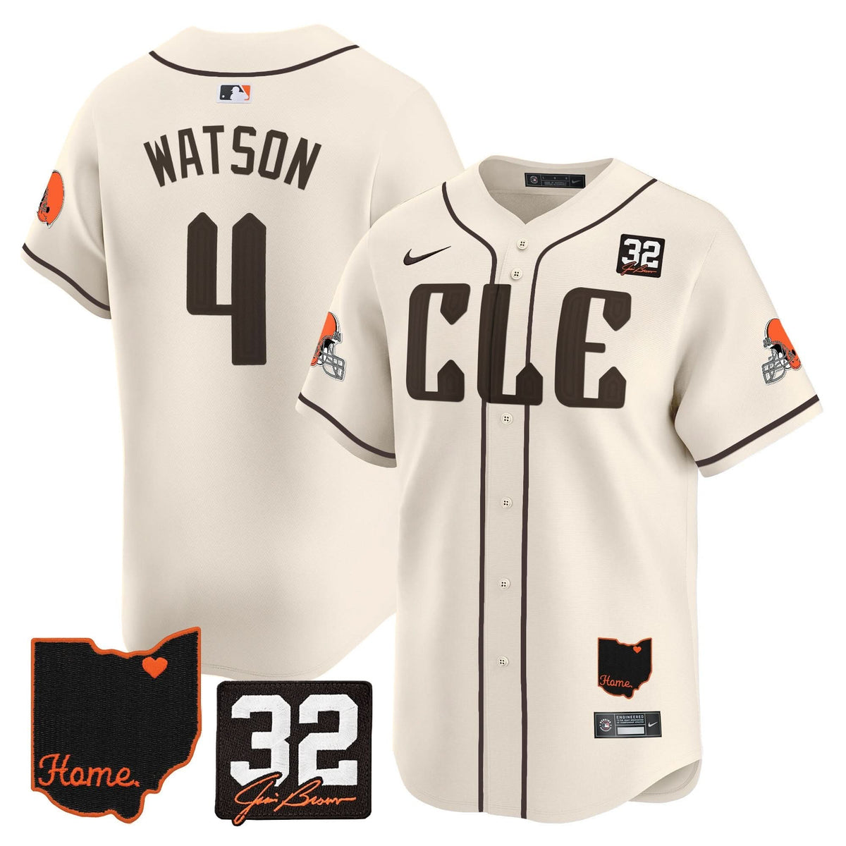 CLE #32 Jim Brown Memorial & Home Patch Vapor Premier Limited Baseball Jersey - All Stitched