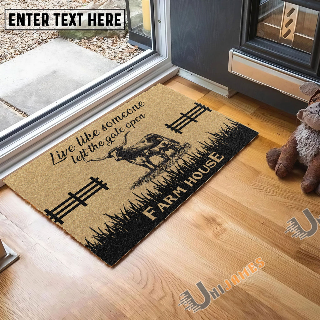 Texas Longhorn Custom Farm Name Live Like Someone Left The Gate Open Coir Doormat