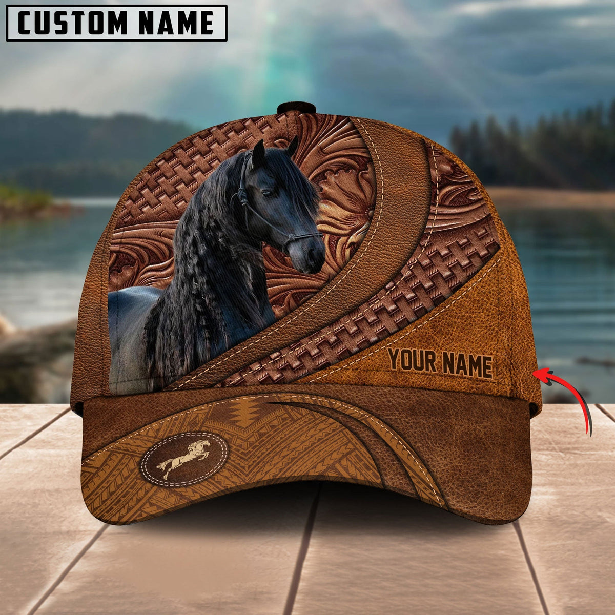 Friesian Horse Carving Leather Pattern Custom Name Cap