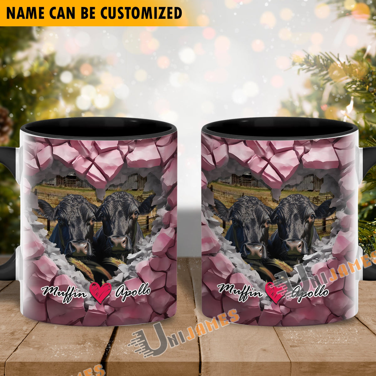 Black Angus Couple Personalized Name Two Tone Mug