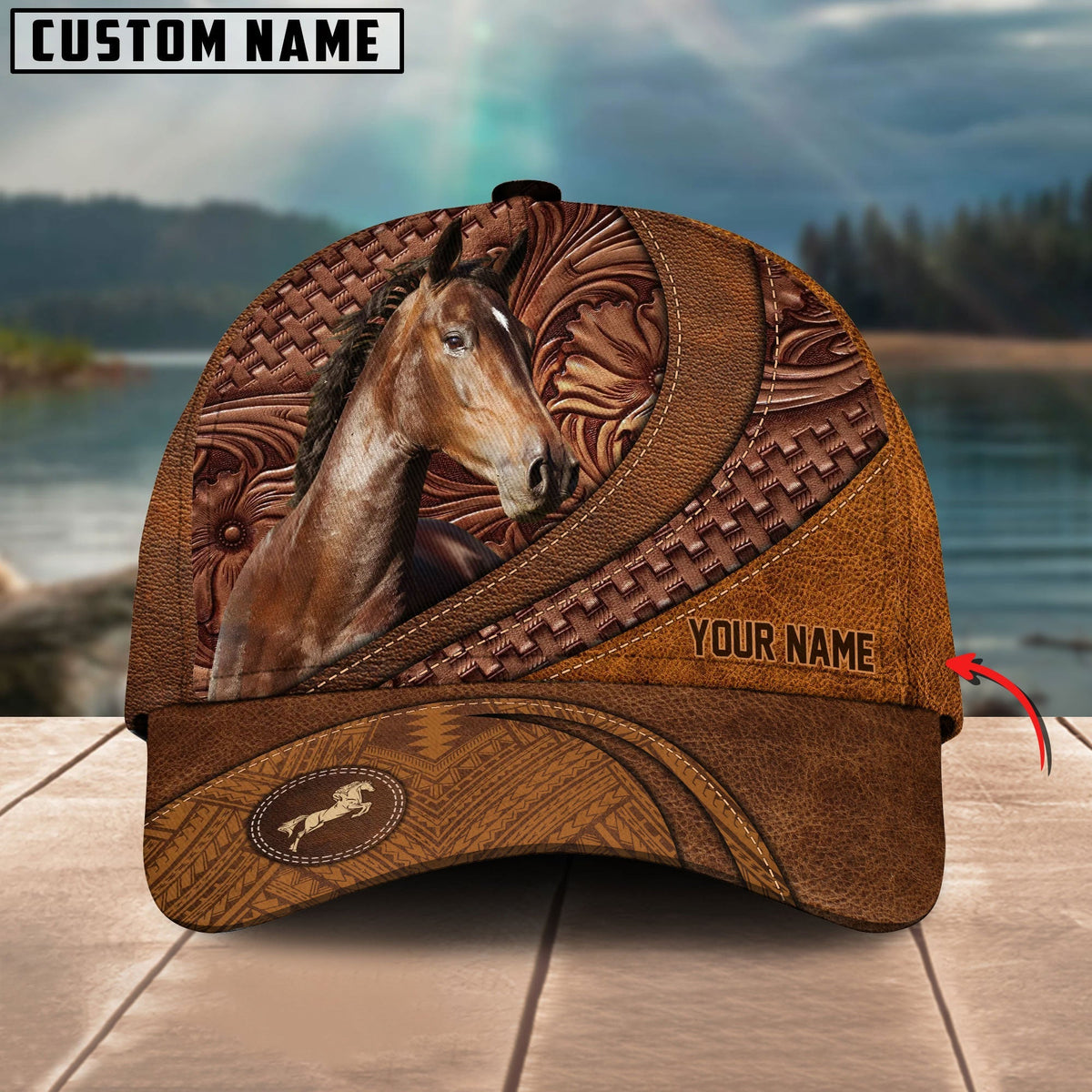 Hackney Horse Carving Leather Pattern Custom Name Cap