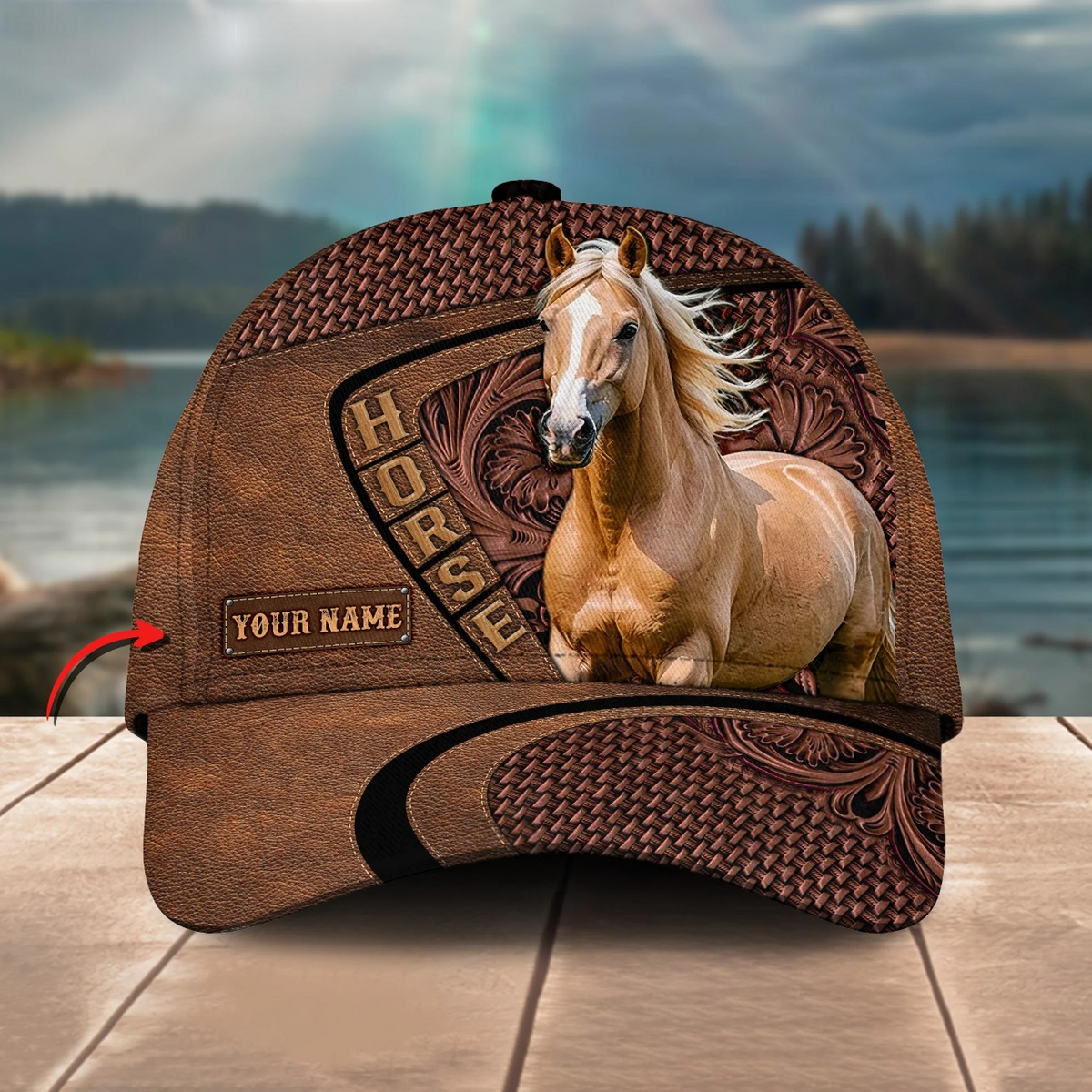 Palomino Horse Carving Leather Pattern Personalized Name Cap