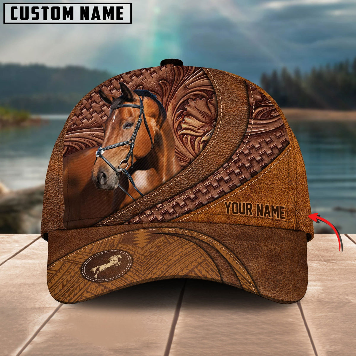Warmblood Horse Carving Leather Pattern Custom Name Cap