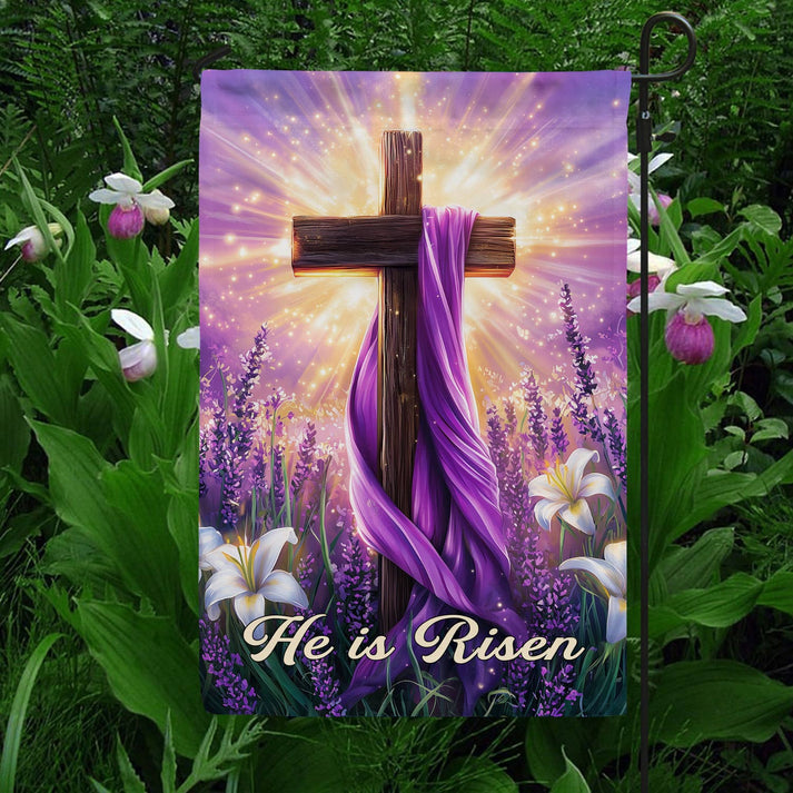 Garden Flag 12" x 18" - He Is Risen Easter Cross Garden Flag