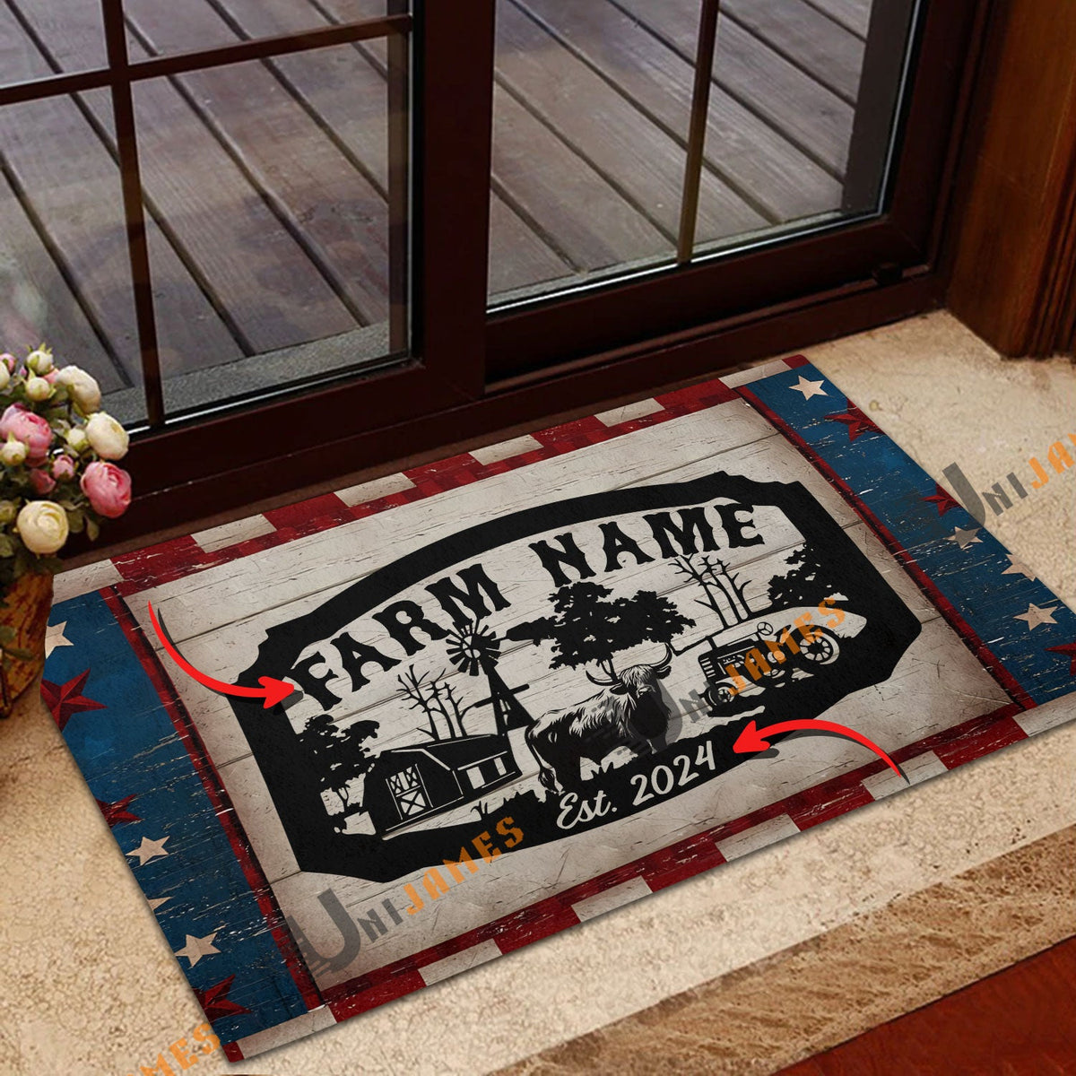 Highland Cattle Red Blue Star Custom Farm Name And Year Doormat