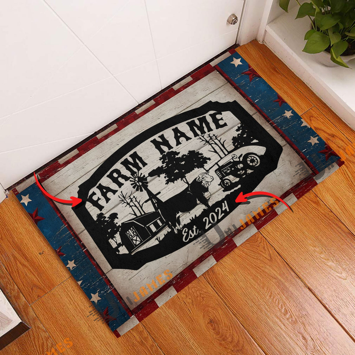 Hereford Red Blue Star Custom Farm Name And Year Doormat