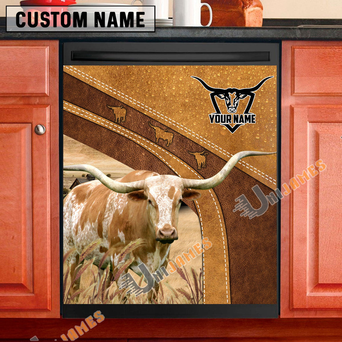 Texas Longhorn Brown Custom Name Dishwasher Door Cover