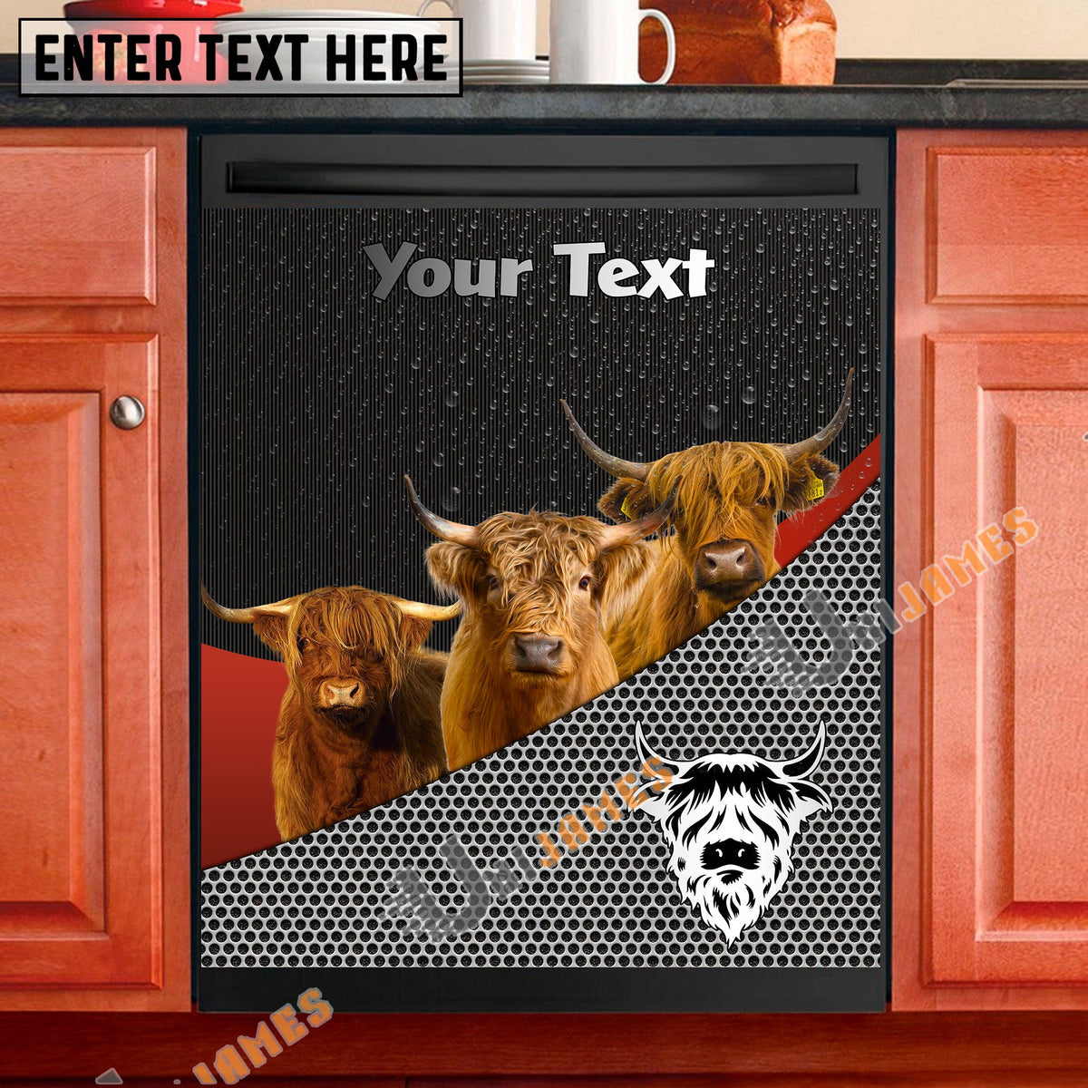 Highland Cattle Metal Pattern Custom Name Dishwasher Door Cover