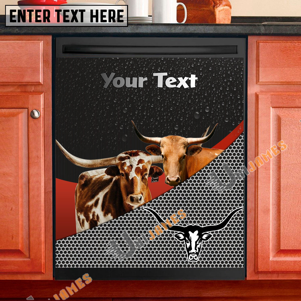 Texas Longhorn Cattle Metal Pattern Custom Name Dishwasher Door Cover
