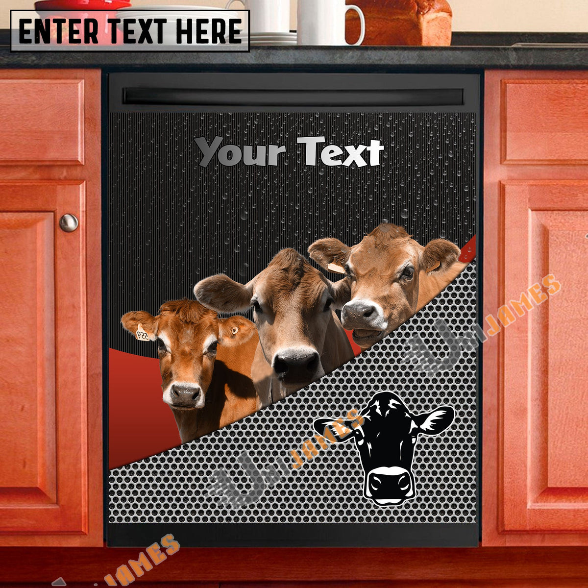 Jersey Cattle Metal Pattern Custom Name Dishwasher Door Cover