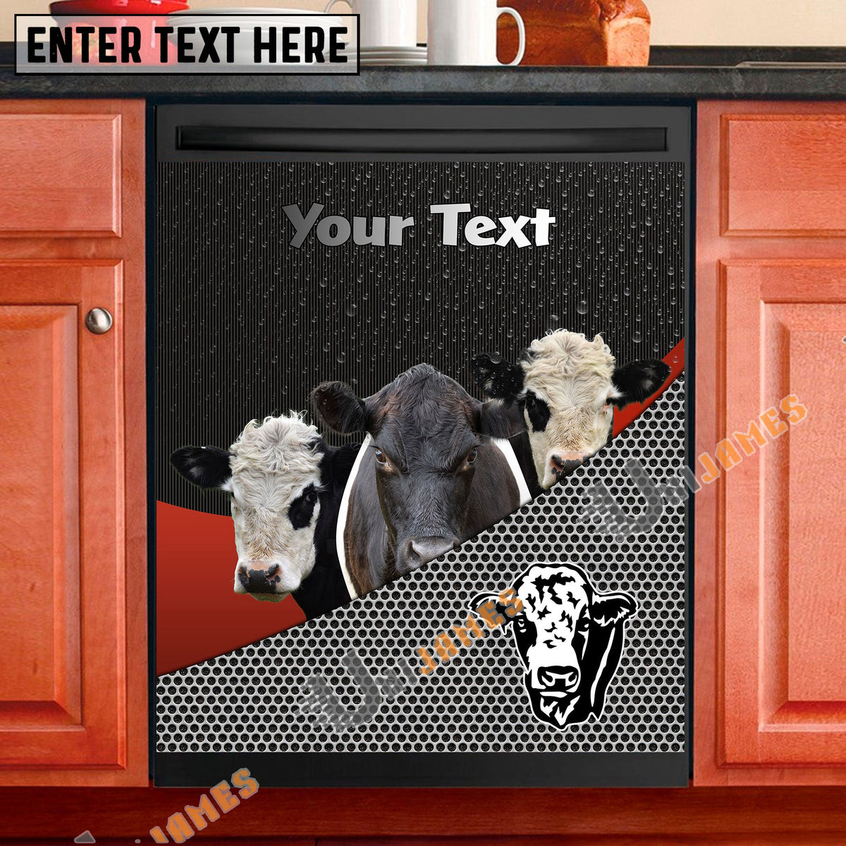 Belted Galloway Cattle Metal Pattern Custom Name Dishwasher Door Cover