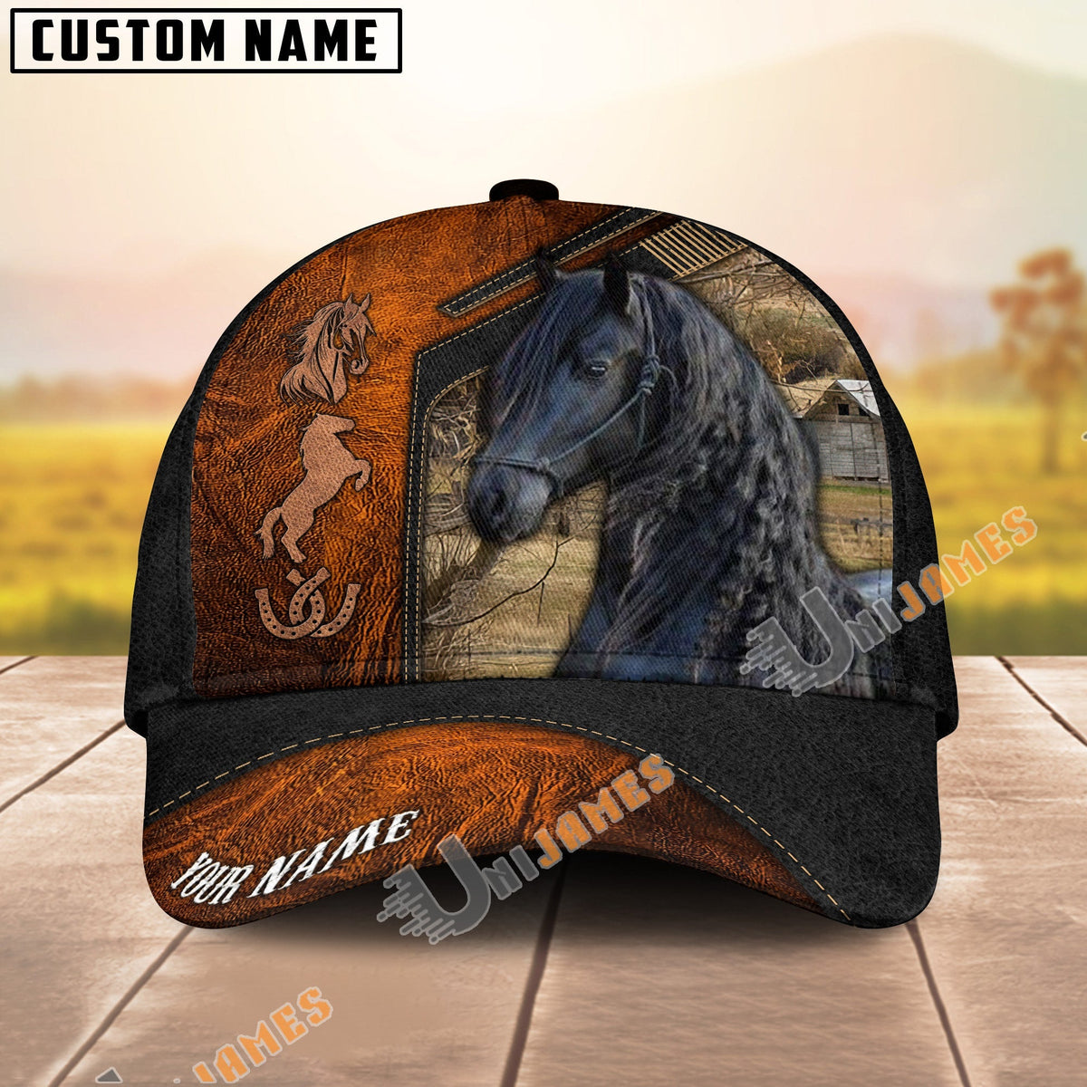 Friesian Dark Brown Leather Pattern Personalized Name Cap