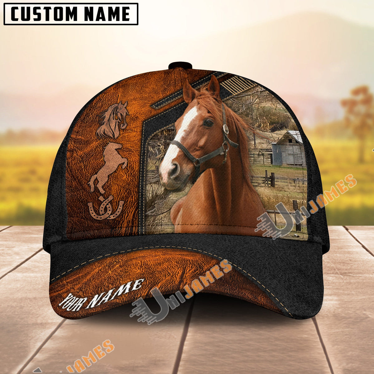 Thoroughbred Dark Brown Leather Pattern Personalized Name Cap