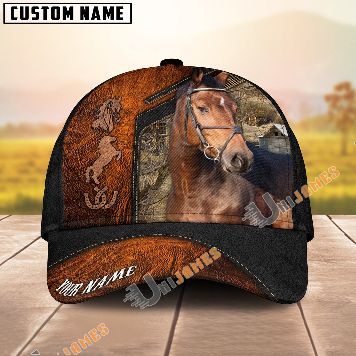Warmblood Dark Brown Leather Pattern Personalized Name Cap