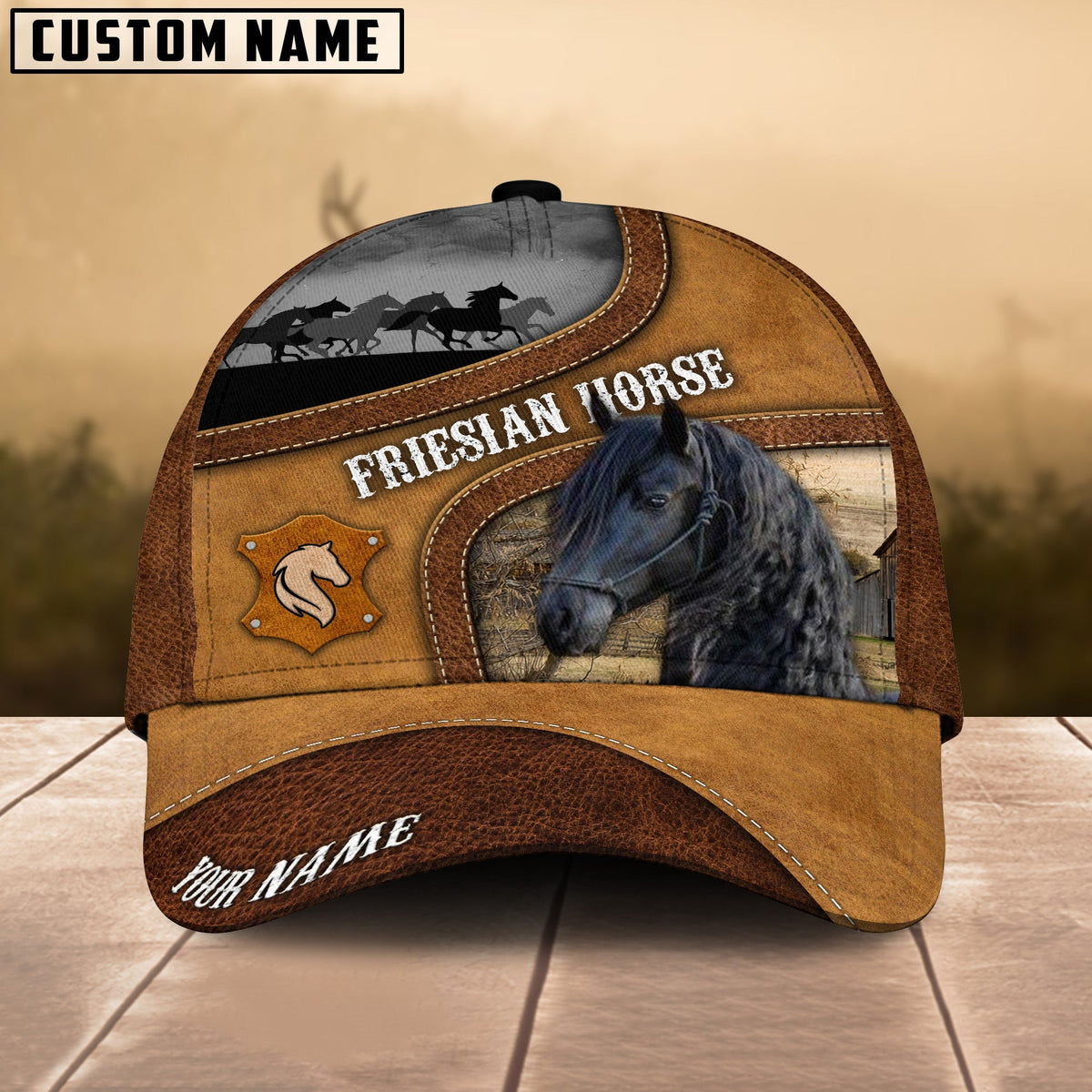 Friesian Brown Curved Leather Pattern Personalized Name Cap