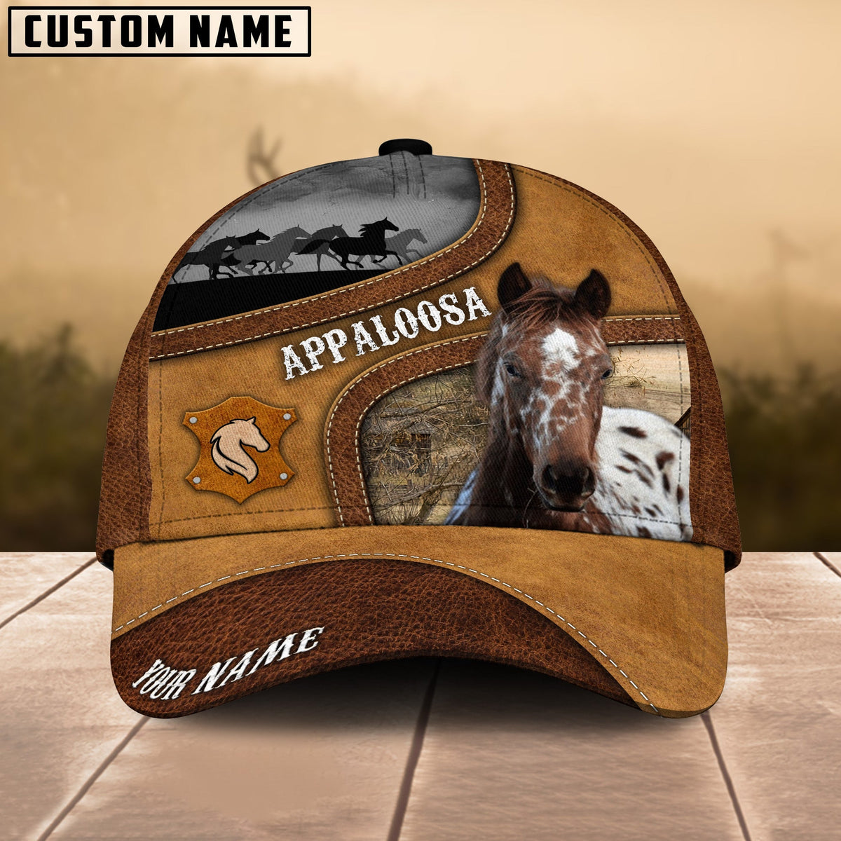 Appaloosa Brown Curved Leather Pattern Personalized Name Cap