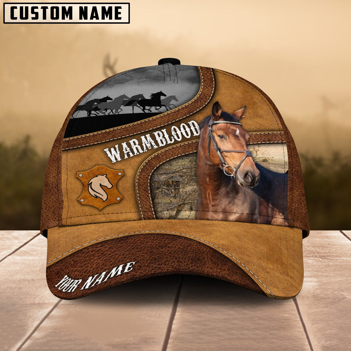 Warmblood Brown Curved Leather Pattern Personalized Name Cap