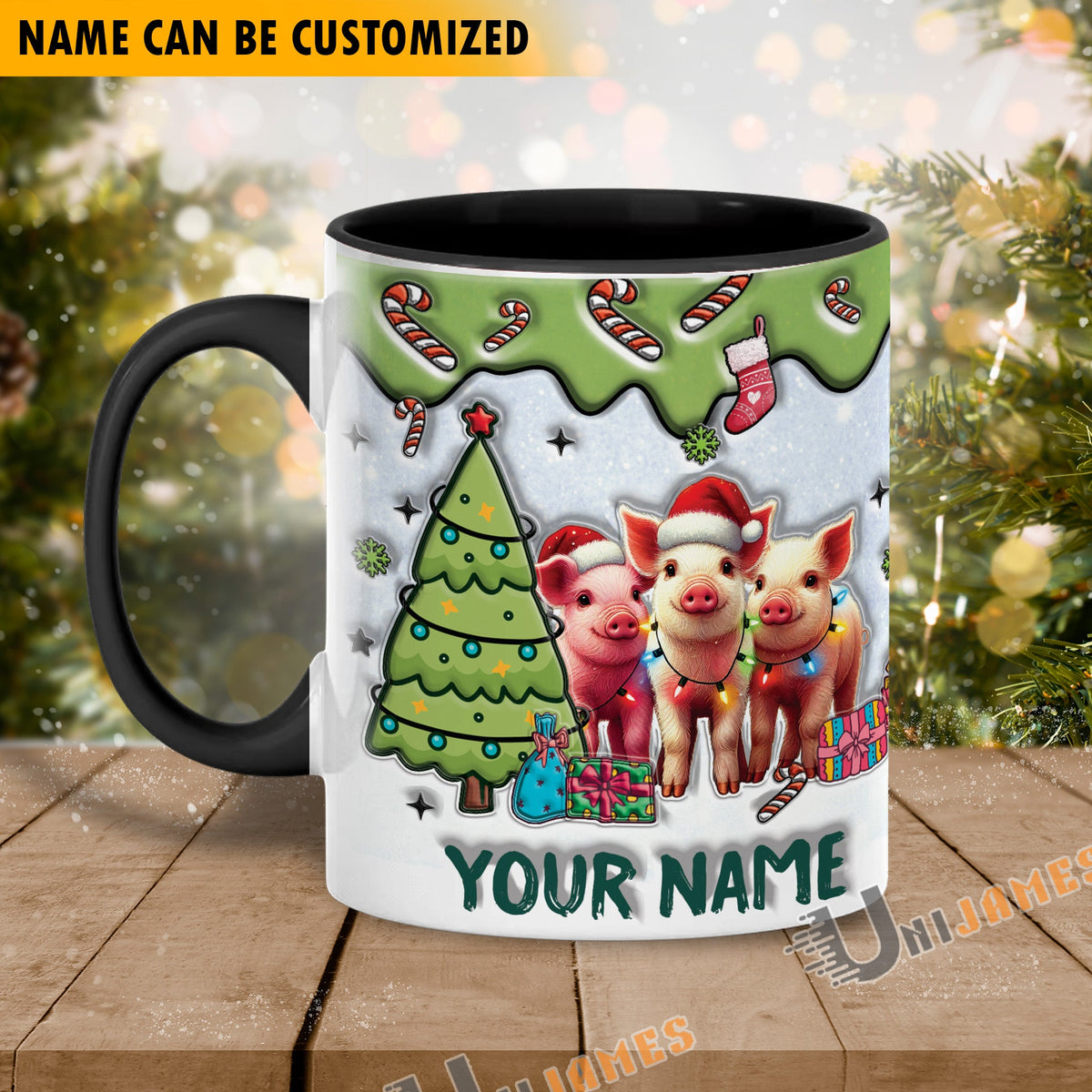Pig Christmas Personalized Name Two Tone Mug