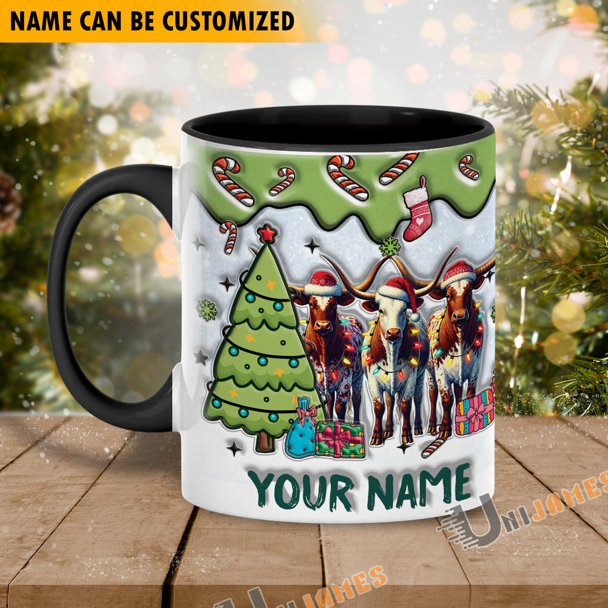Texas Longhorn Christmas Personalized Name Two Tone Mug