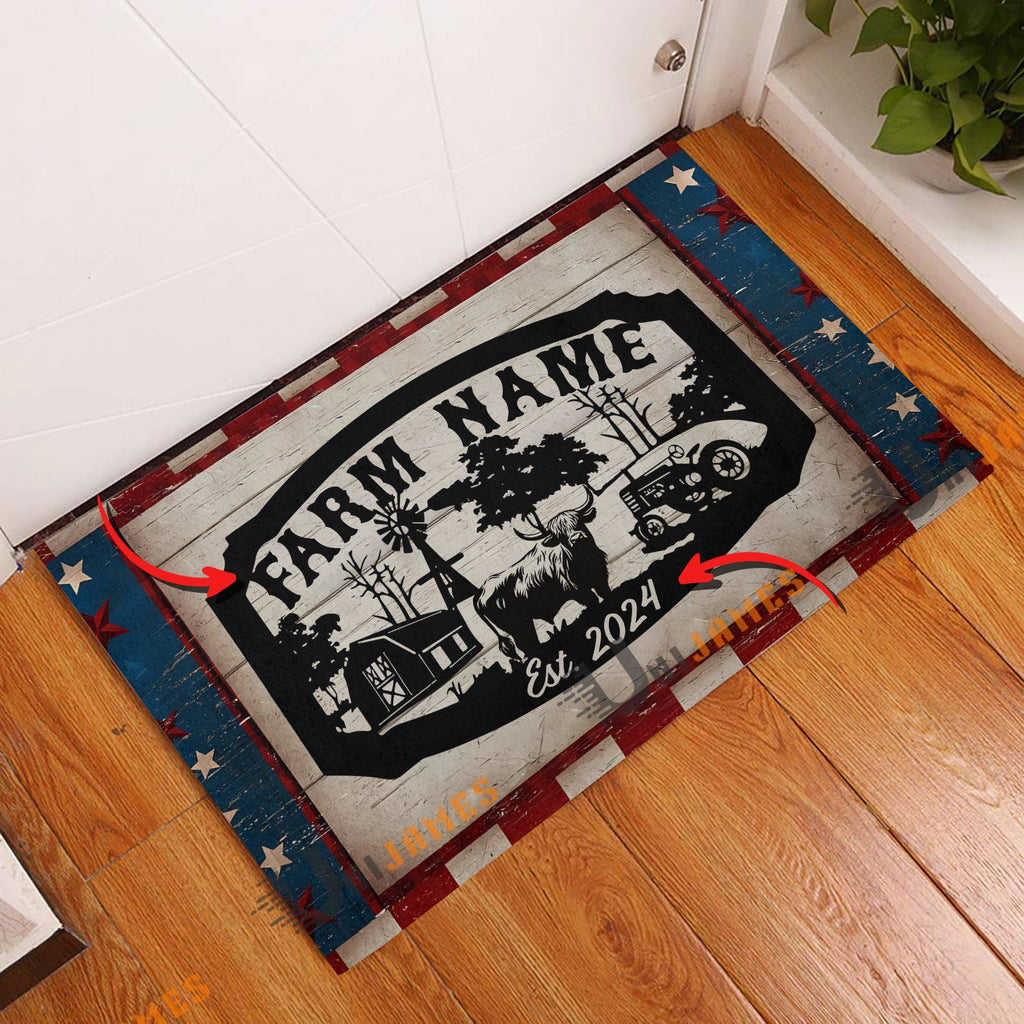 Highland Cattle Red Blue Star Custom Farm Name And Year Doormat