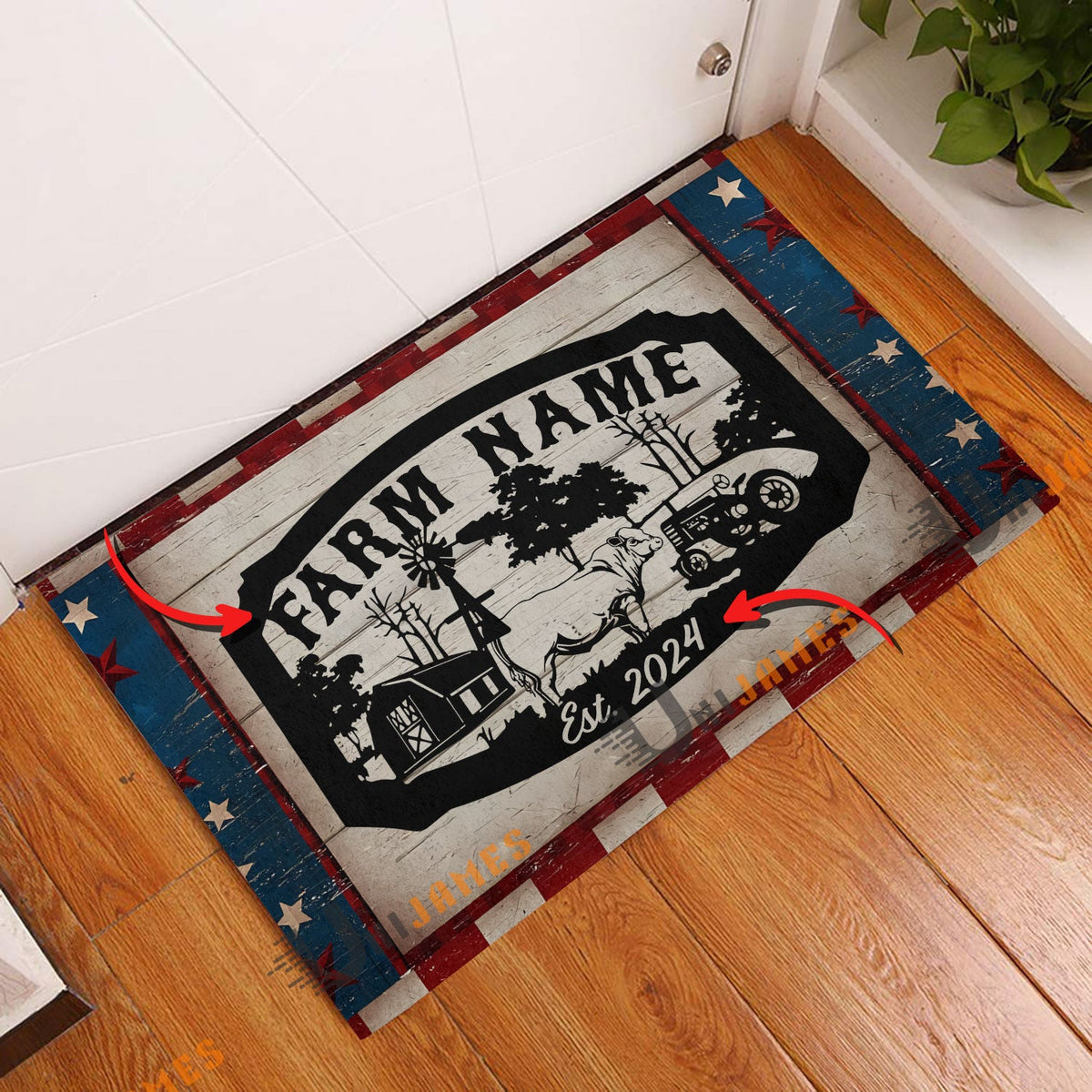 Charolais Red Blue Star Custom Farm Name And Year Doormat