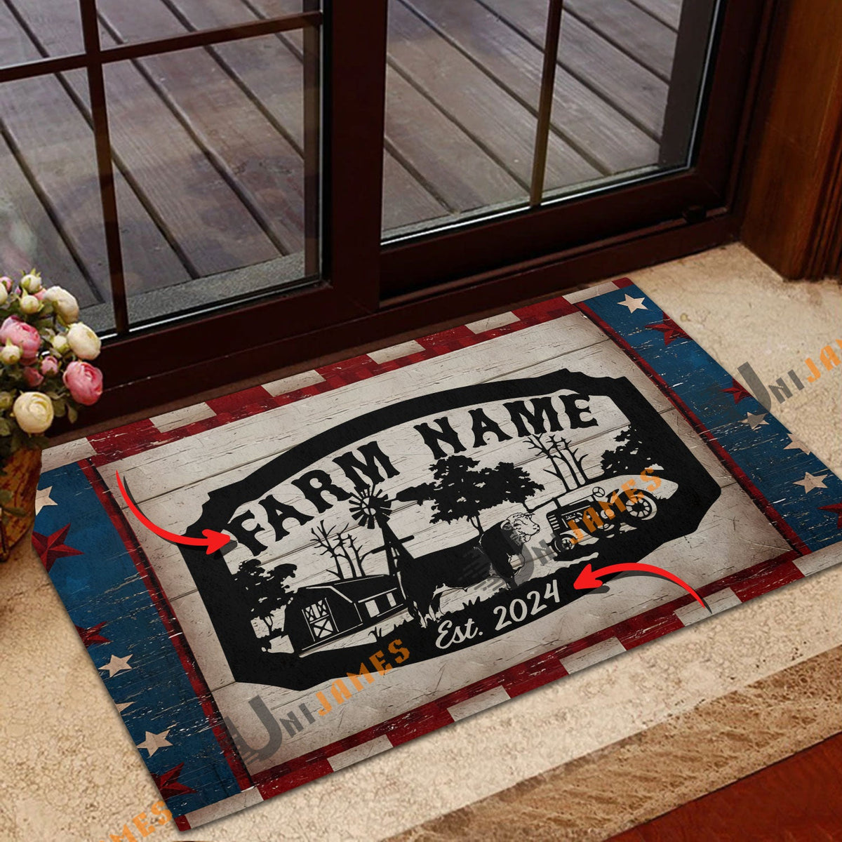 Hereford Red Blue Star Custom Farm Name And Year Doormat