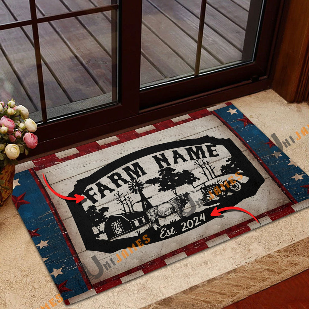 Texas Longhorn Red Blue Star Custom Farm Name And Year Doormat