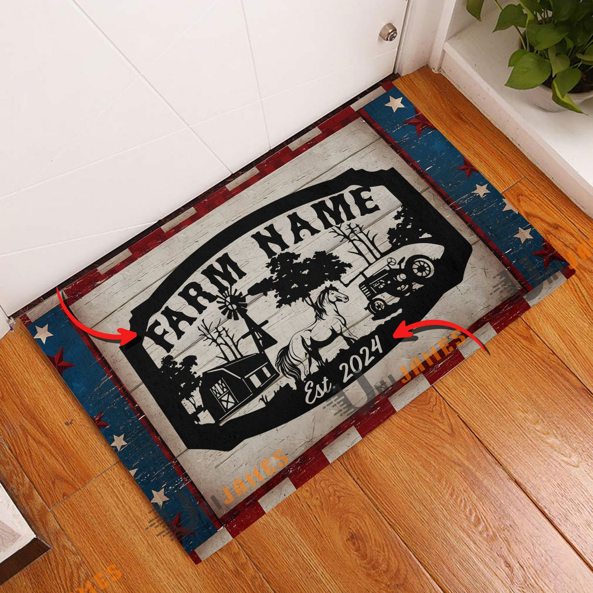 Horse Red Blue Star Custom Farm Name And Year Doormat