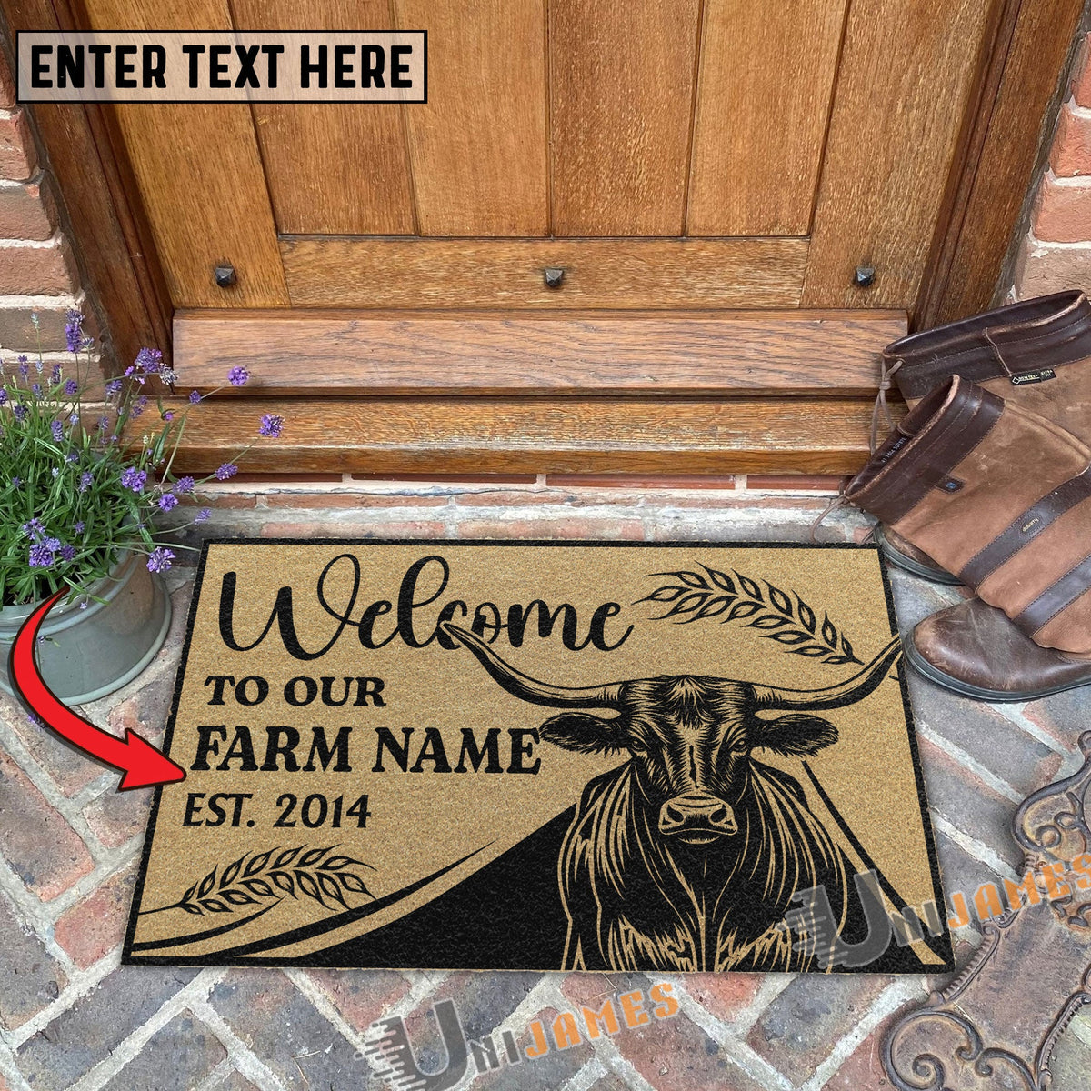 TX Longhorn Peekaboo Custom Farm Name Custom Year Coir Doormat