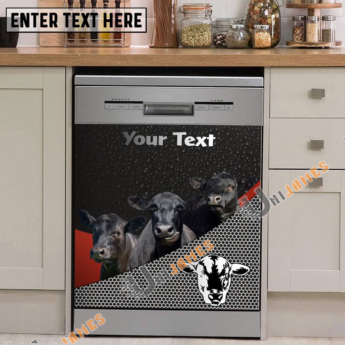 Black Angus Cattle Metal Pattern Custom Name Dishwasher Door Cover