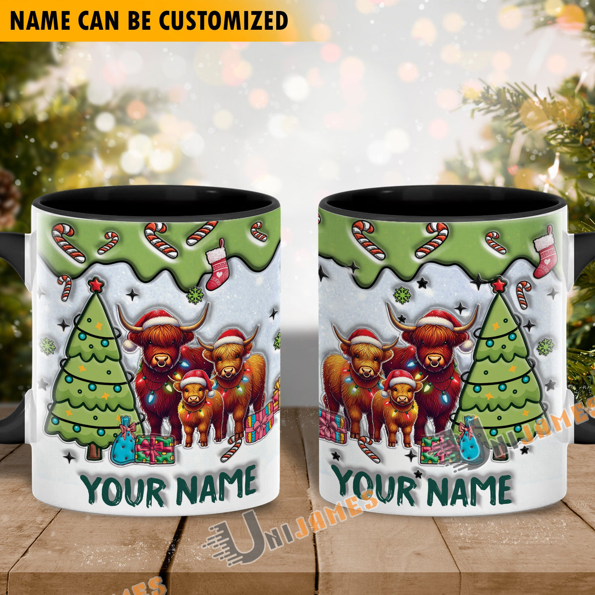 Highland Cattle Christmas Personalized Name Two Tone Mug