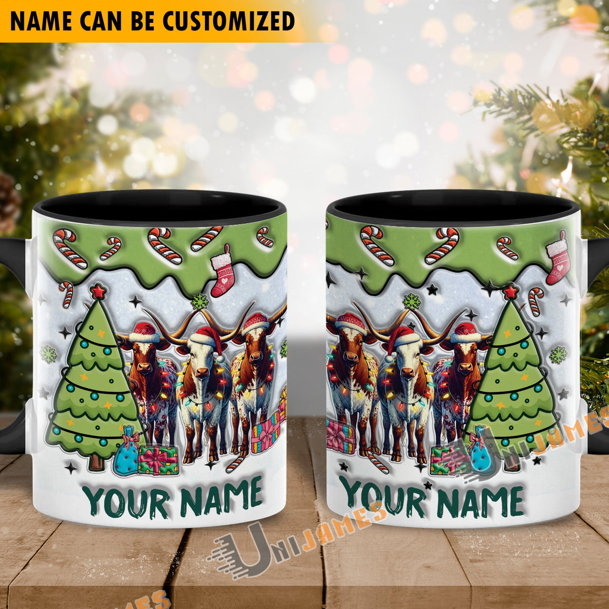 Texas Longhorn Christmas Personalized Name Two Tone Mug