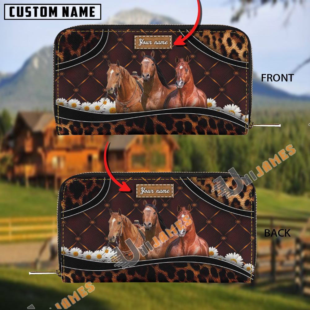 American Quarter Horse Happiness Sunflower Custom Name 3D Leather Clutch