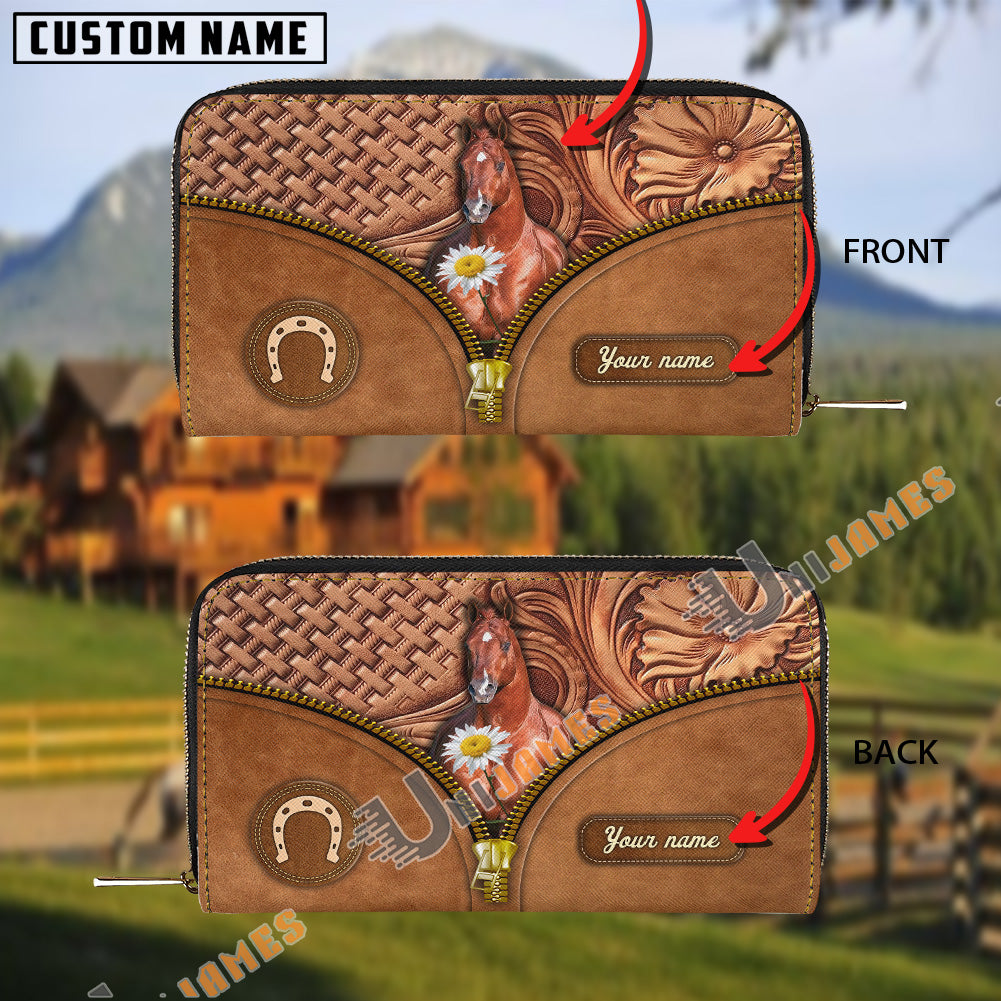 American Quarter Horse Center Zip Pattern Custom Name 3D Leather Clutch