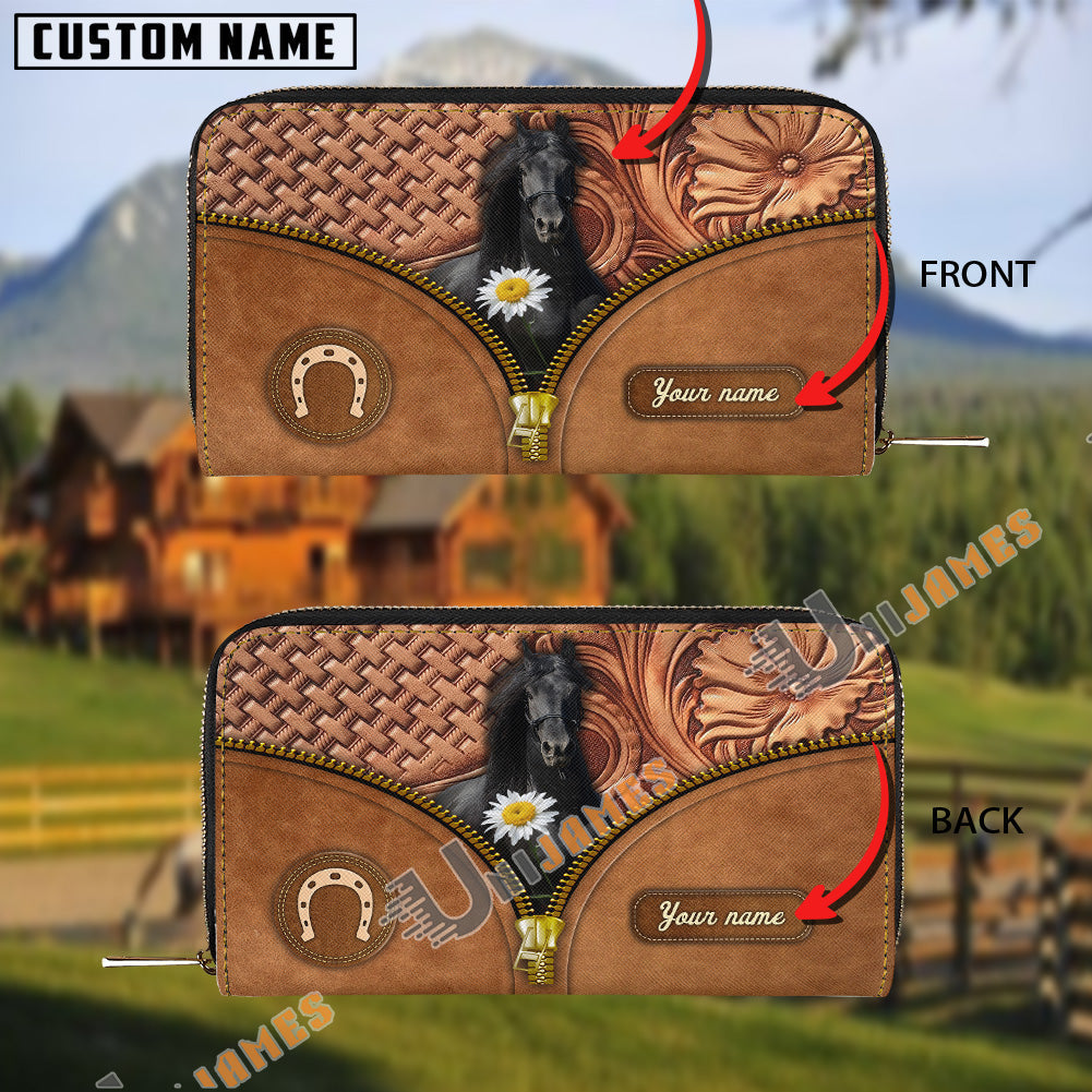 Friesian Center Zip Pattern Custom Name 3D Leather Clutch