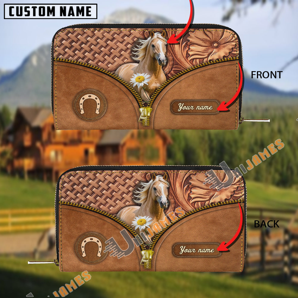 Palomino Center Zip Pattern Custom Name 3D Leather Clutch